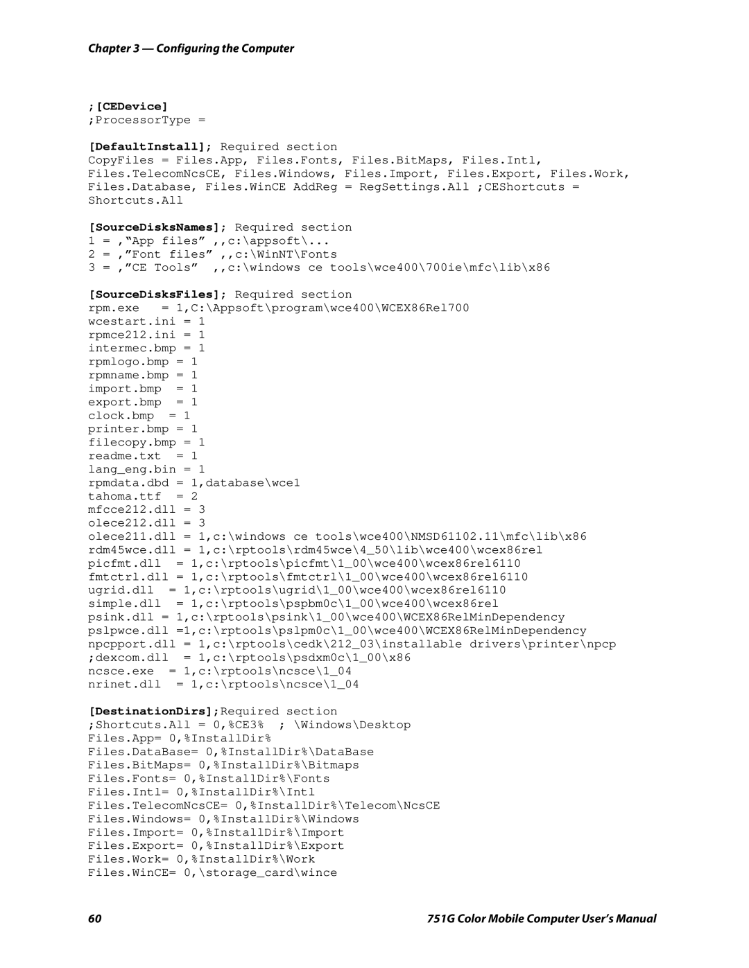 Intermec 751G user manual CEDevice ProcessorType =, SourceDisksFiles Required section, DestinationDirsRequired section 