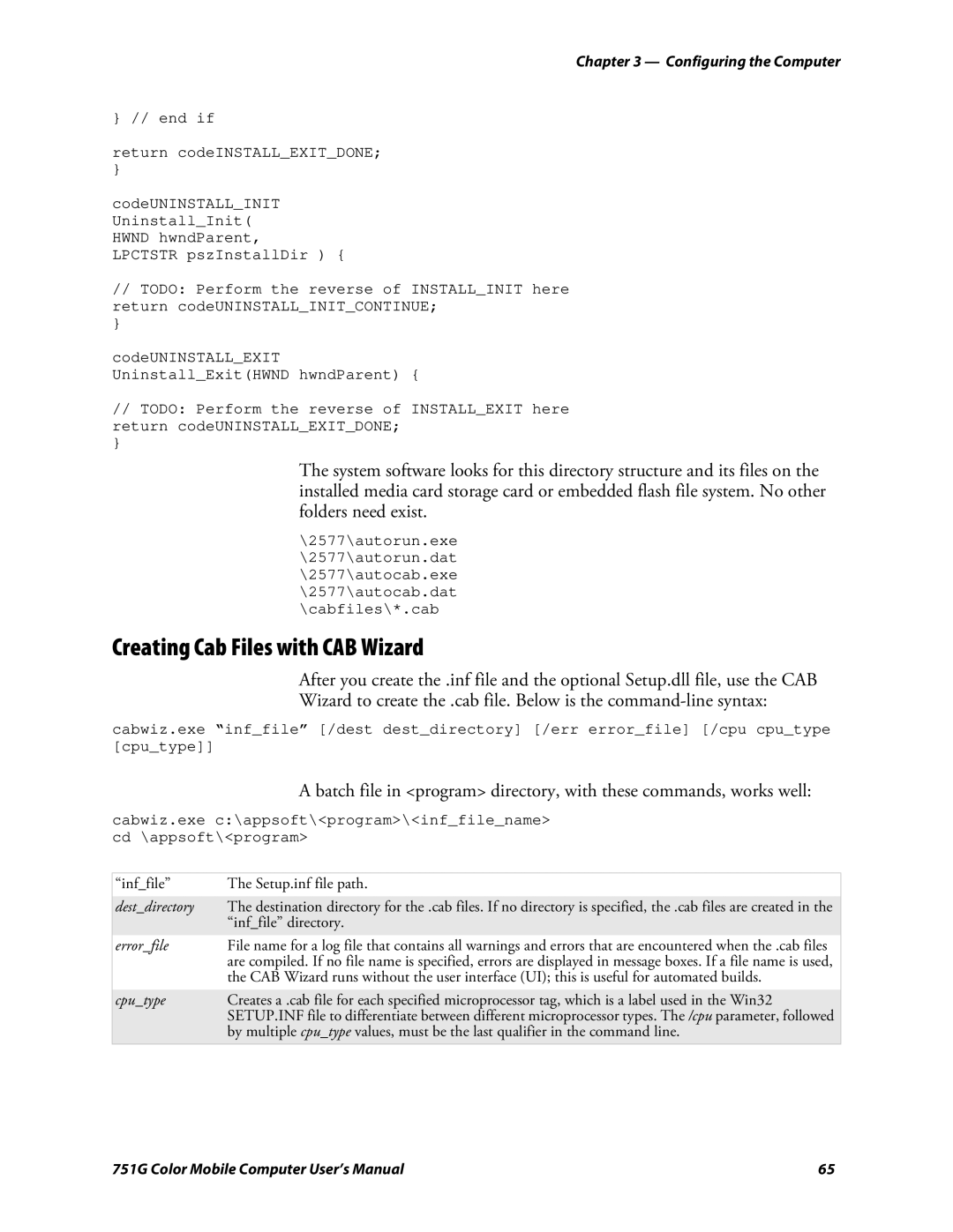 Intermec 751G user manual Creating Cab Files with CAB Wizard, Destdirectory 