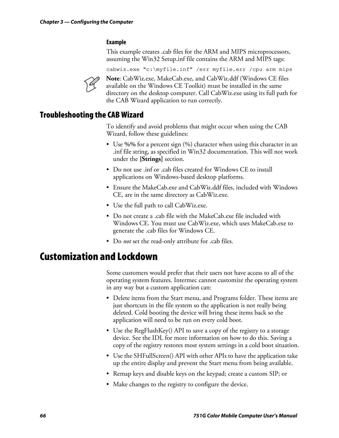 Intermec 751G user manual Customization and Lockdown, Troubleshooting the CAB Wizard 