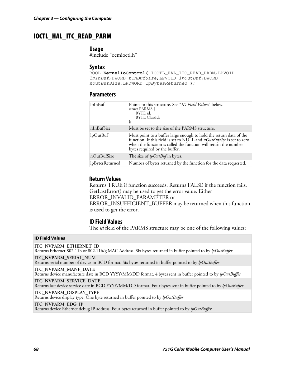 Intermec 751G user manual Usage, ID Field Values, #include oemioctl.h 