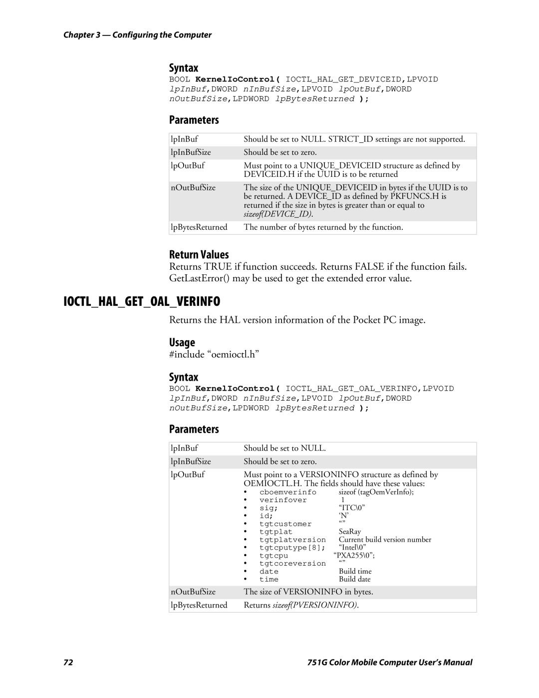 Intermec 751G user manual Ioctlhalgetoalverinfo, Returns the HAL version information of the Pocket PC image 