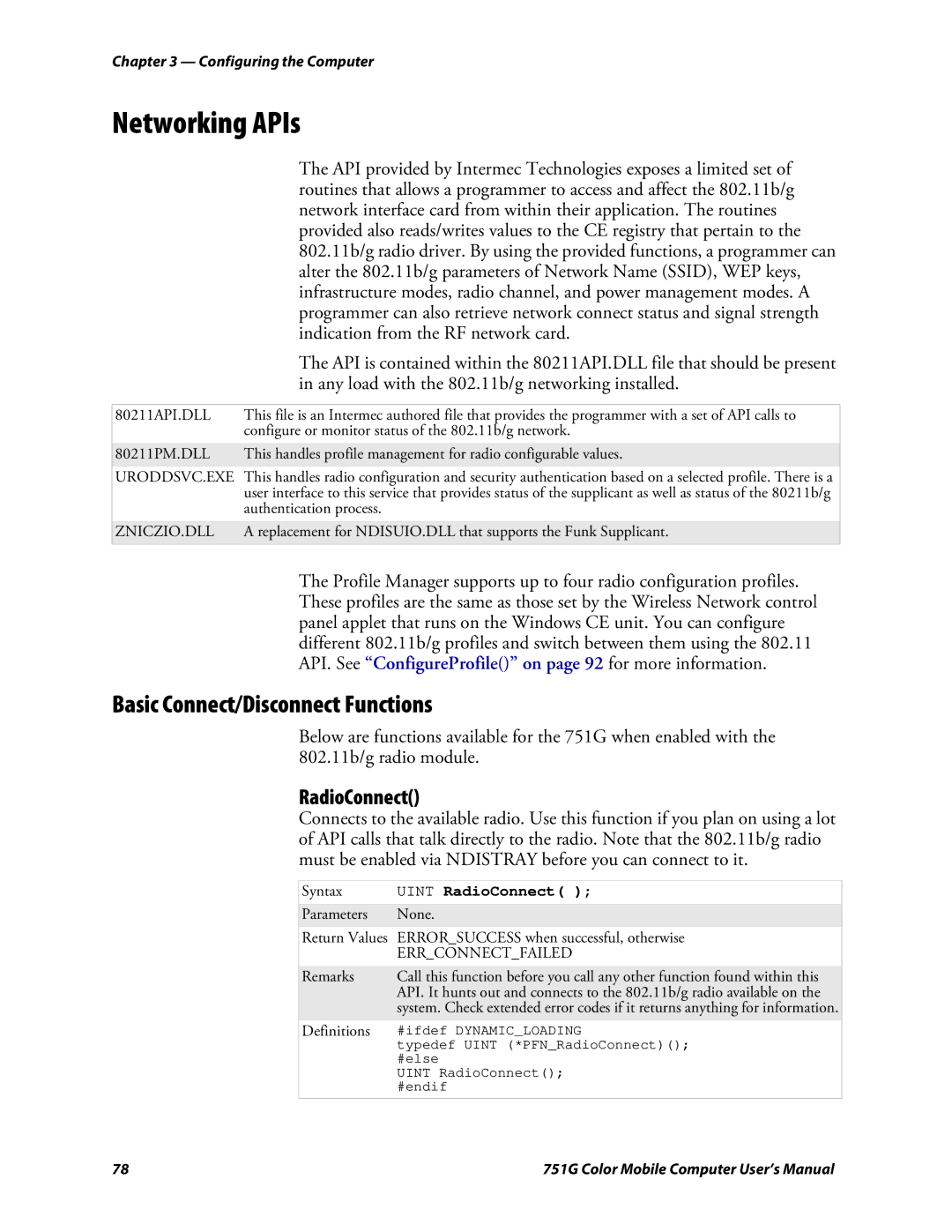 Intermec 751G user manual Networking APIs, Basic Connect/Disconnect Functions, RadioConnect 