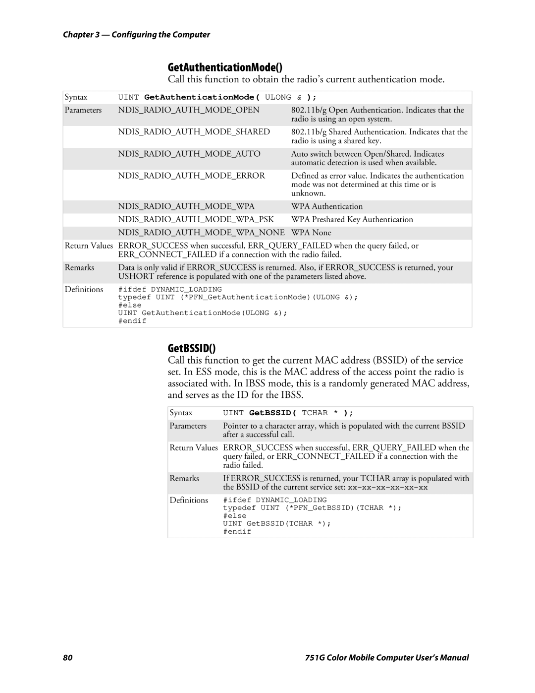 Intermec 751G user manual GetBSSID, Uint GetAuthenticationMode Ulong 