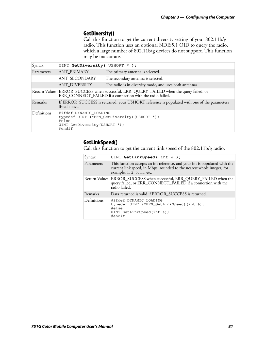 Intermec 751G user manual Uint GetDiversity Ushort, Uint GetLinkSpeed int 