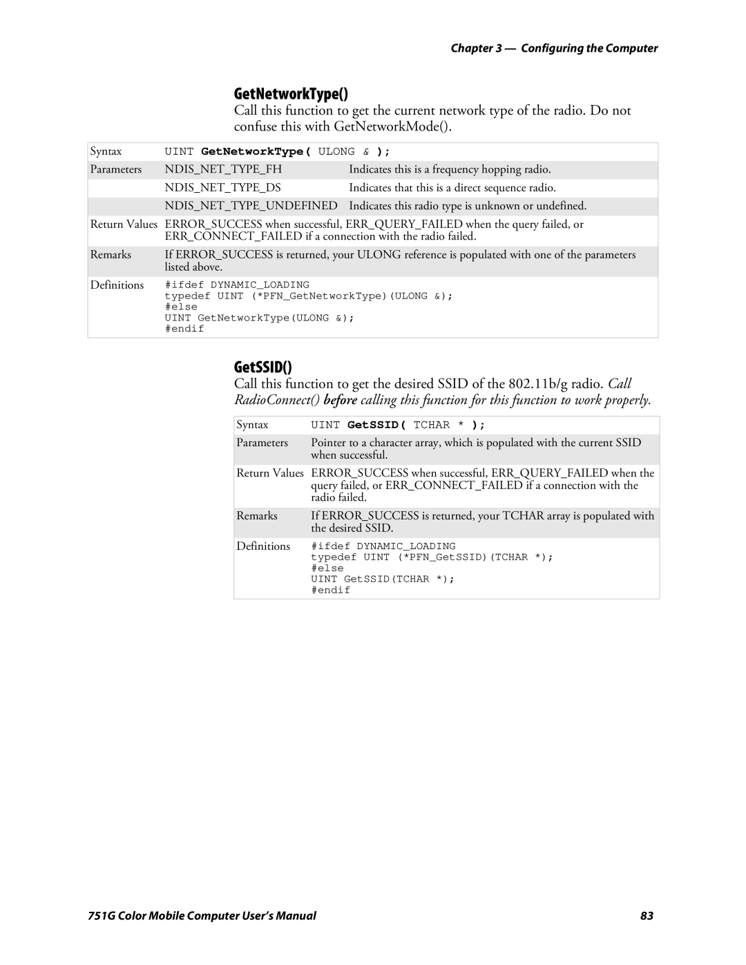 Intermec 751G user manual GetSSID, Uint GetNetworkType Ulong 