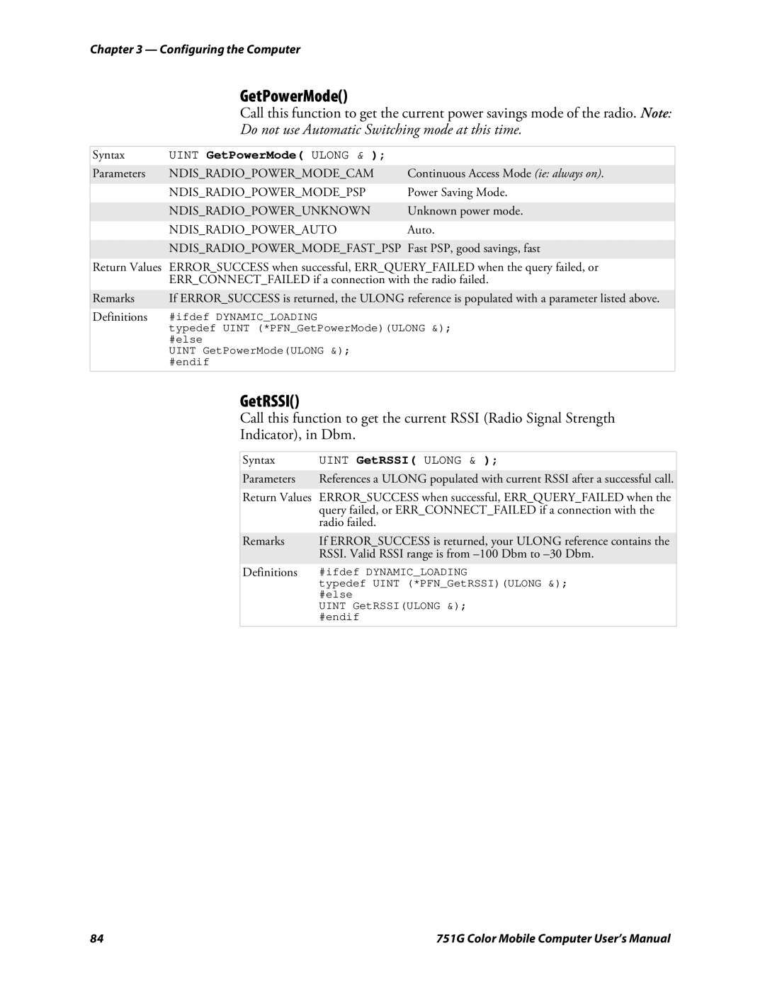 Intermec 751G user manual GetRSSI, Uint GetPowerMode Ulong 