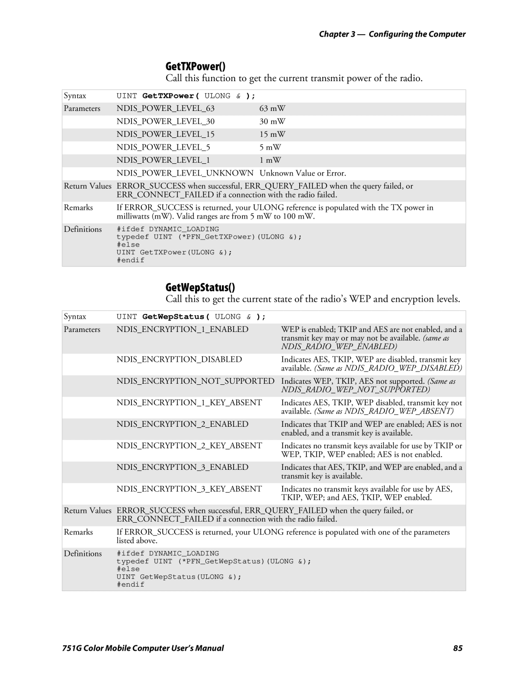 Intermec 751G user manual Uint GetTXPower Ulong, Uint GetWepStatus Ulong 