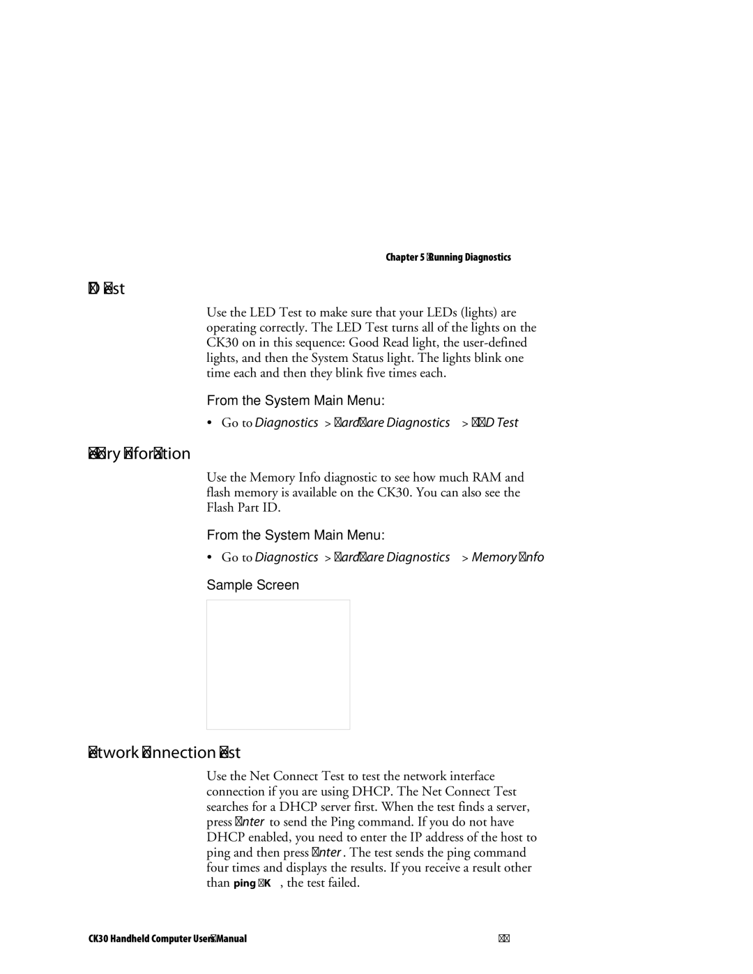 Intermec CK30 user manual LED Test, Memory Information, Network Connection Test 