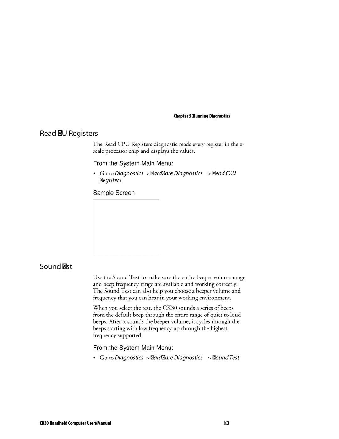 Intermec CK30 user manual Read CPU Registers, Sound Test 