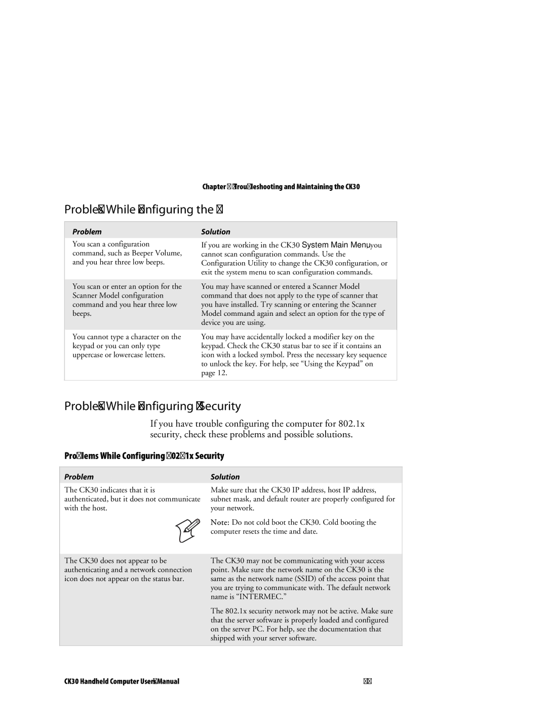 Intermec user manual Problems While Configuring the CK30, Problems While Configuring 802.1x Security 