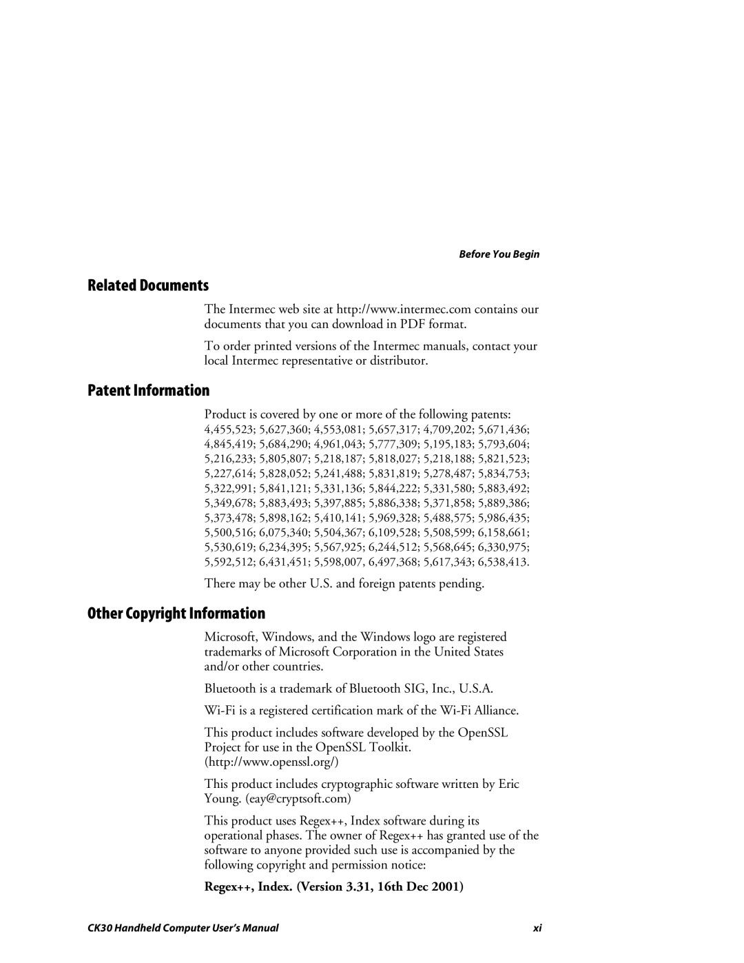 Intermec CK30 user manual Related Documents, Patent Information, Other Copyright Information 