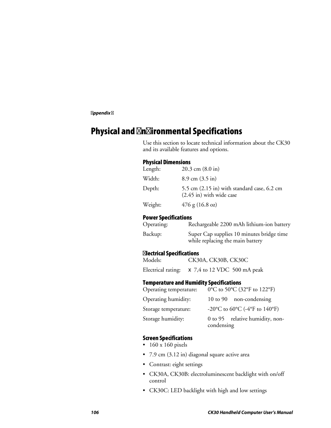 Intermec CK30 user manual Physical and Environmental Specifications 