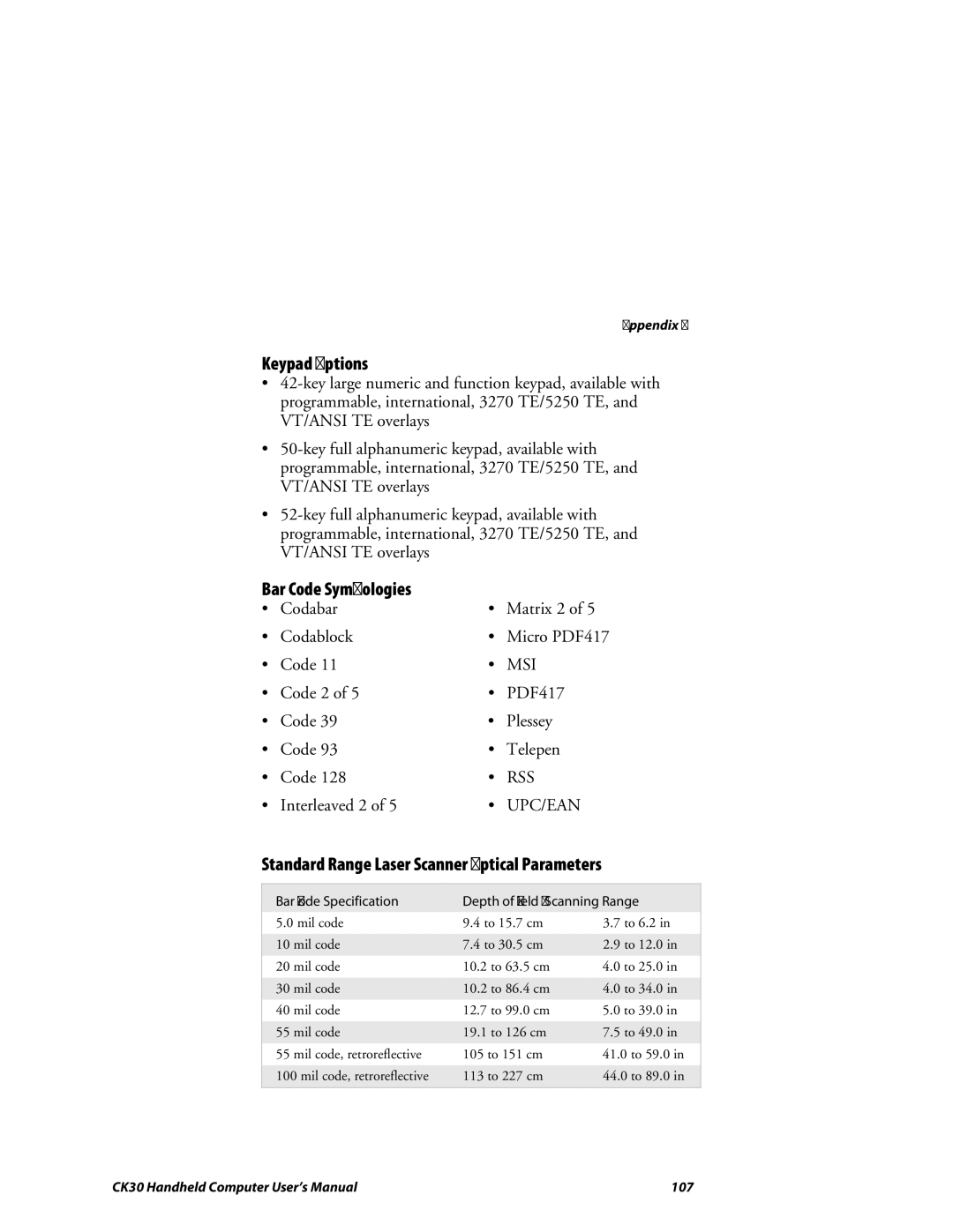 Intermec CK30 user manual Keypad Options, Bar Code Symbologies, Standard Range Laser Scanner Optical Parameters 