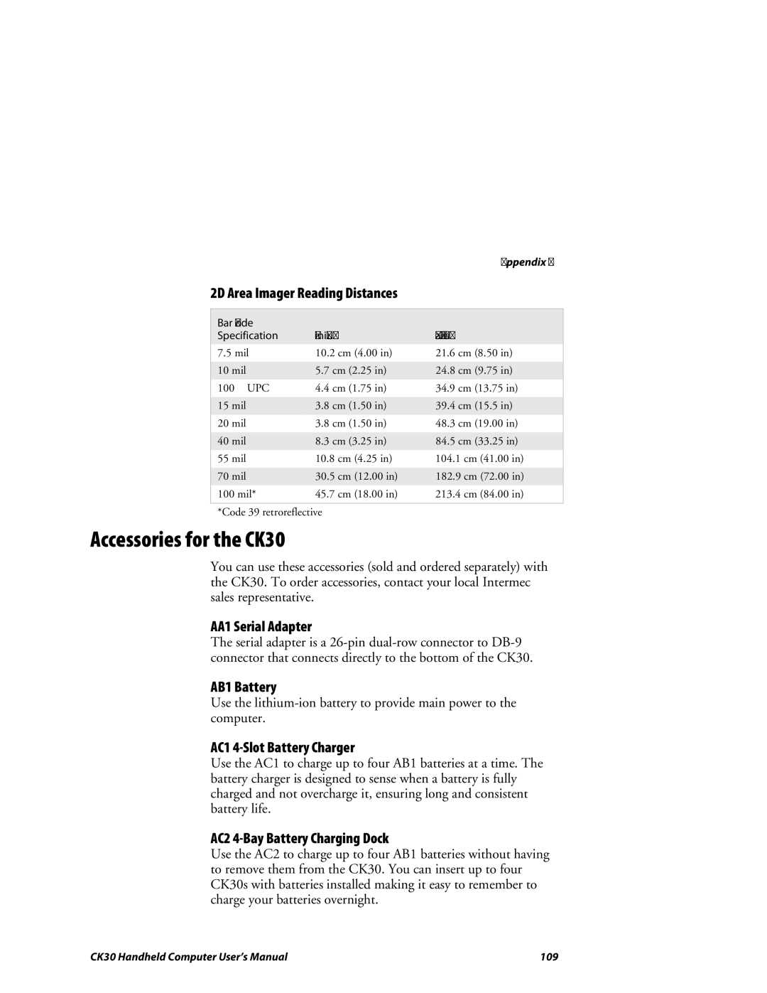 Intermec user manual Accessories for the CK30 