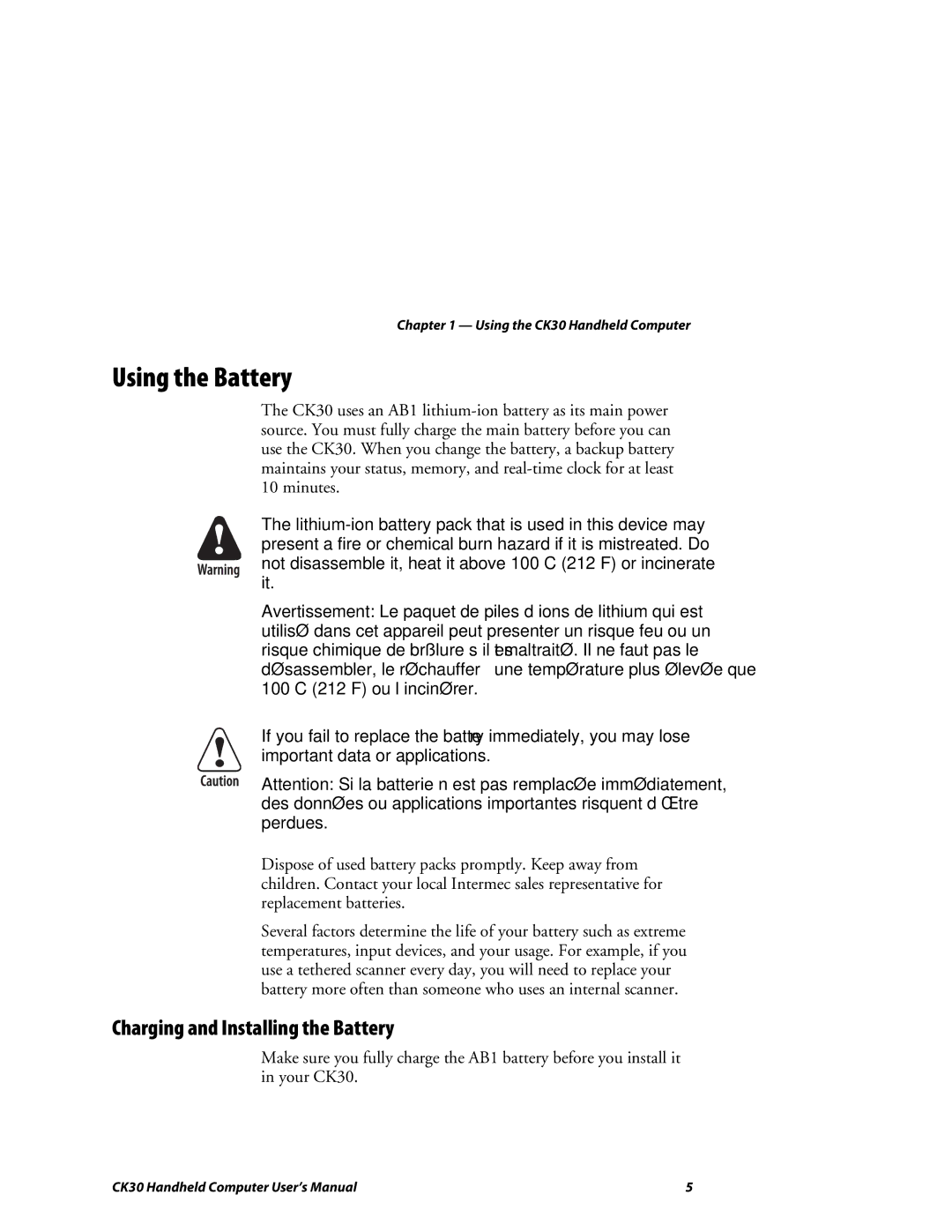 Intermec CK30 user manual Using the Battery, Charging and Installing the Battery 