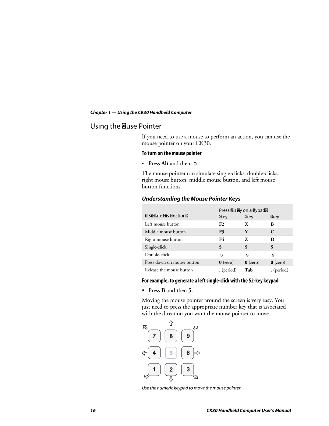 Intermec CK30 user manual Using the Mouse Pointer, To turn on the mouse pointer, Understanding the Mouse Pointer Keys 