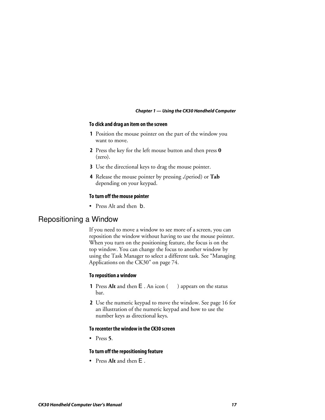 Intermec CK30 user manual Repositioning a Window 