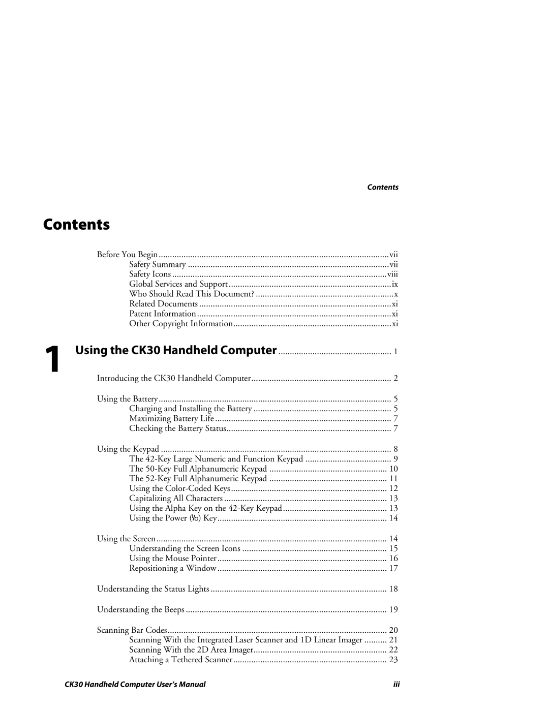 Intermec CK30 user manual Contents 