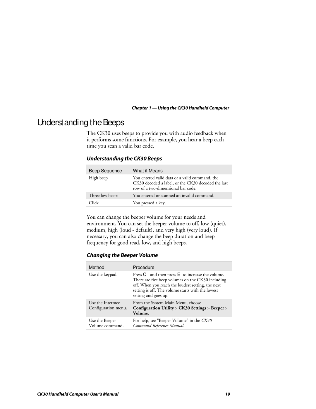 Intermec Understanding the Beeps, Understanding the CK30 Beeps, Changing the Beeper Volume, Beep Sequence What it Means 