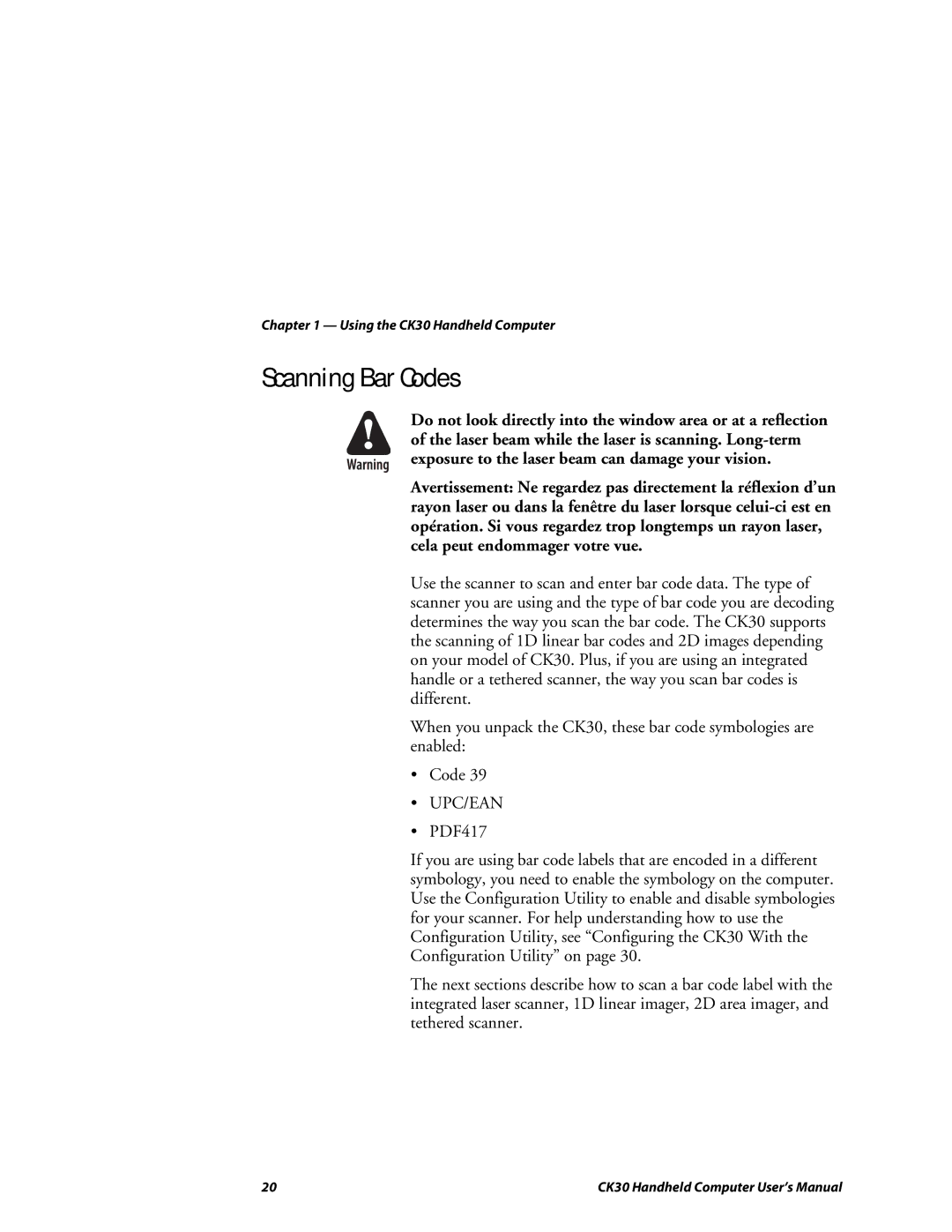 Intermec CK30 user manual Scanning Bar Codes, Upc/Ean 