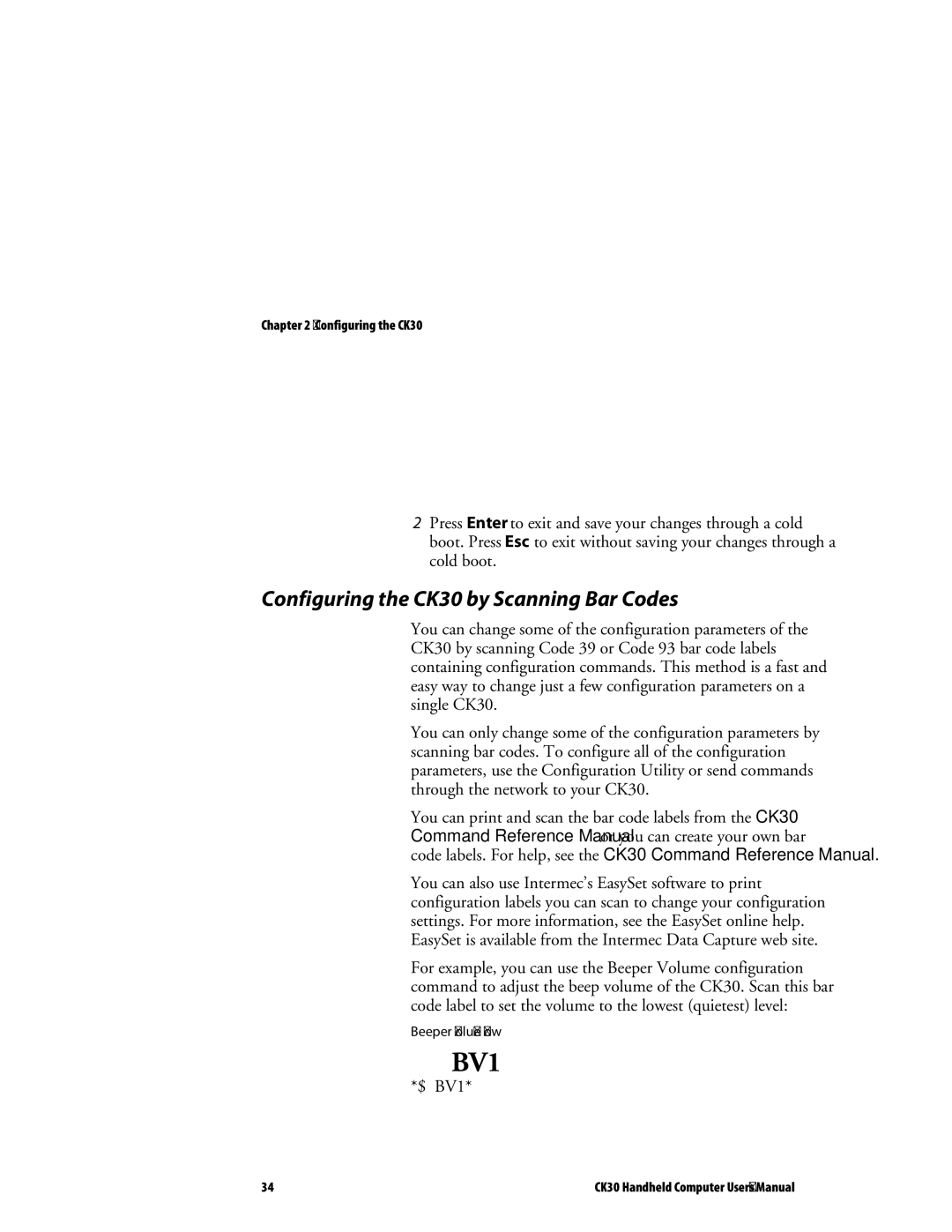 Intermec user manual $+BV1, Configuring the CK30 by Scanning Bar Codes 