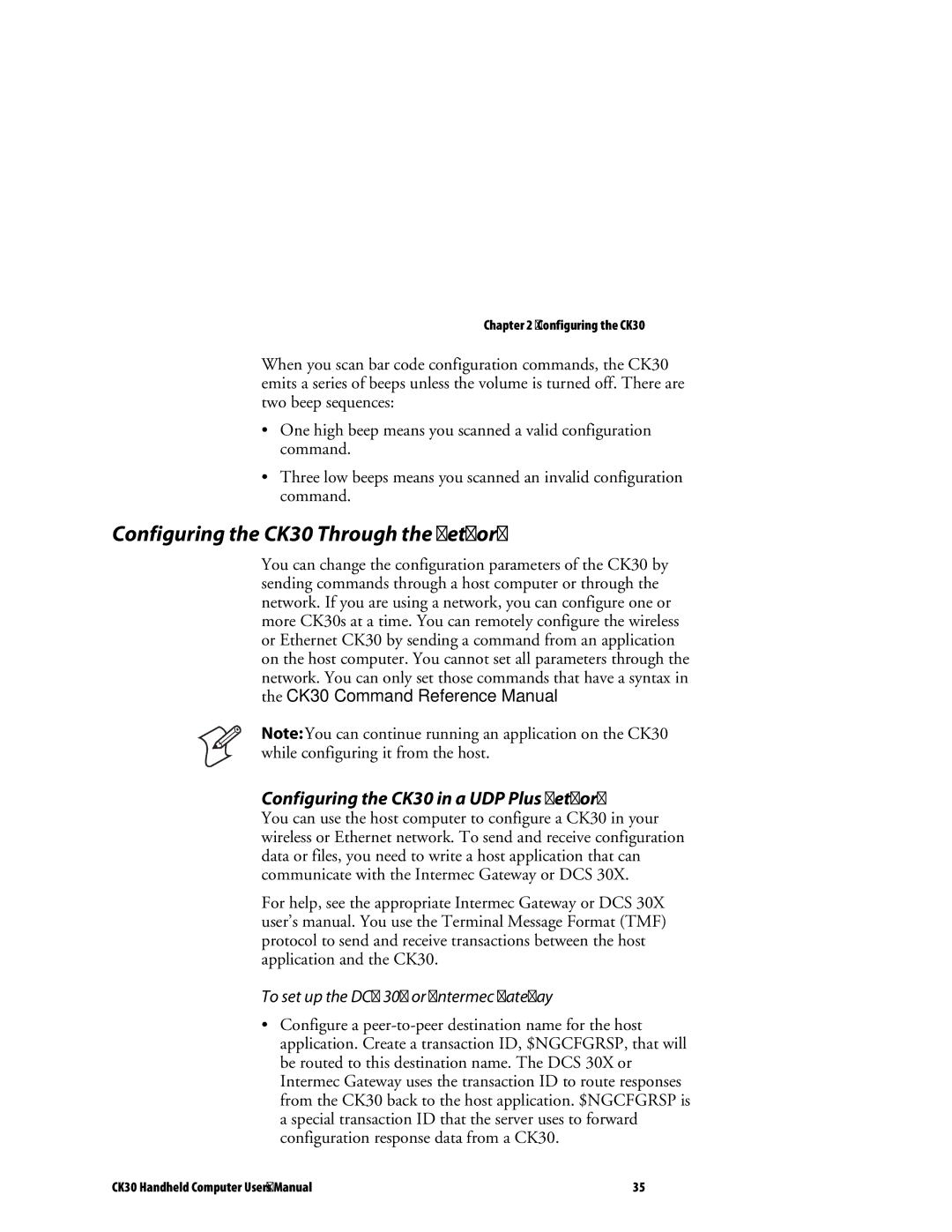 Intermec user manual Configuring the CK30 Through the Network, Configuring the CK30 in a UDP Plus Network 