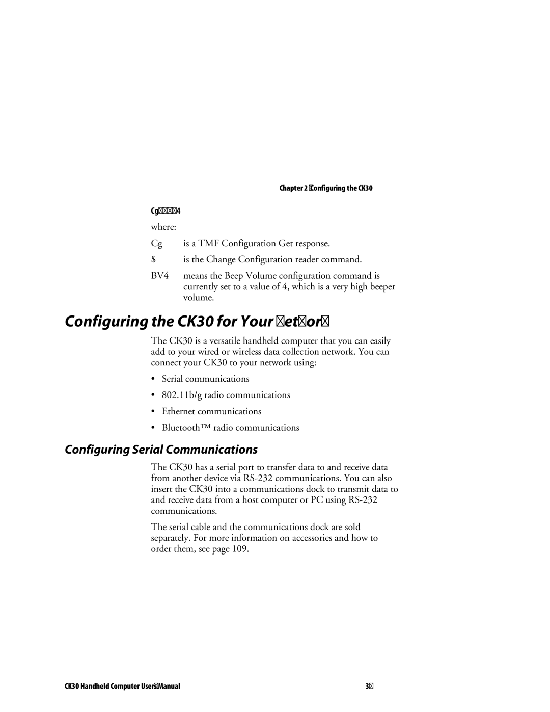 Intermec user manual Configuring the CK30 for Your Network, Configuring Serial Communications 