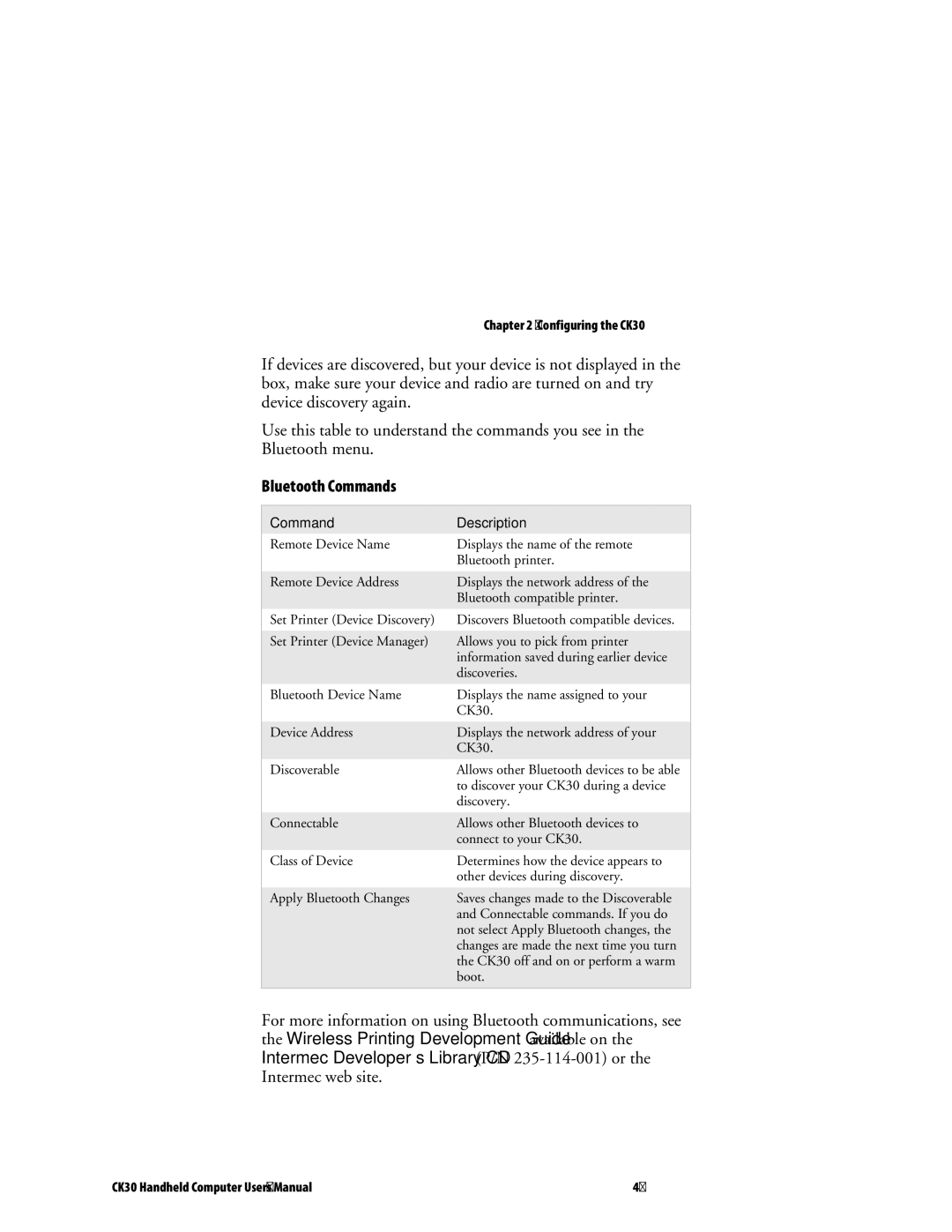 Intermec CK30 user manual Bluetooth Commands, Command Description 