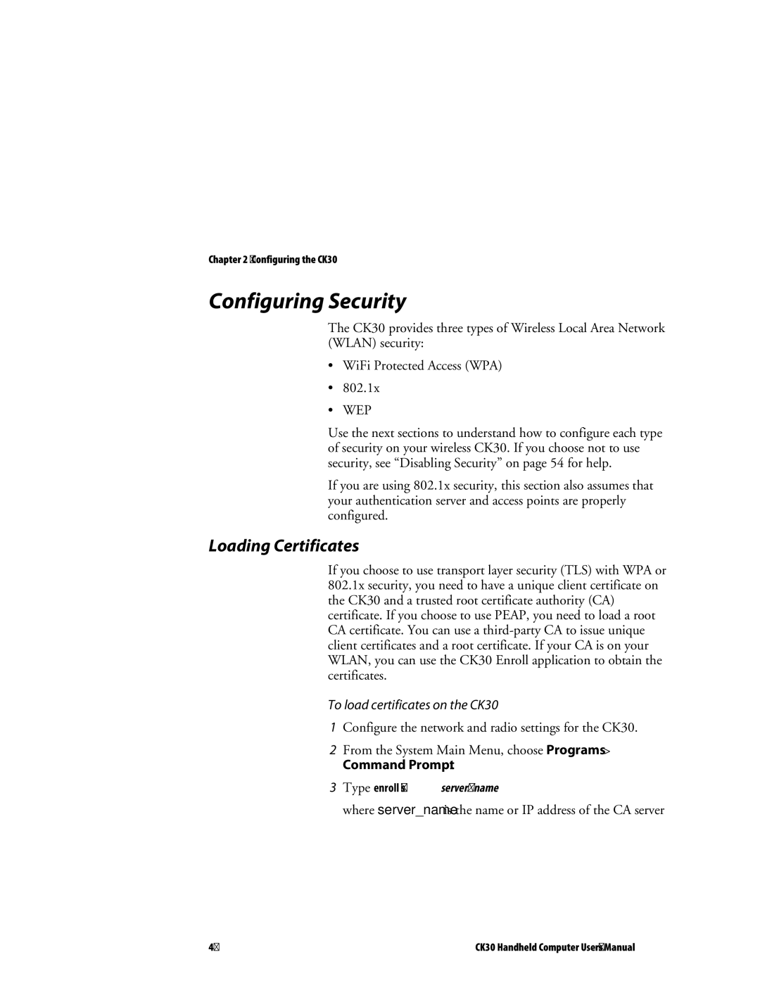 Intermec user manual Configuring Security, Loading Certificates, To load certificates on the CK30 