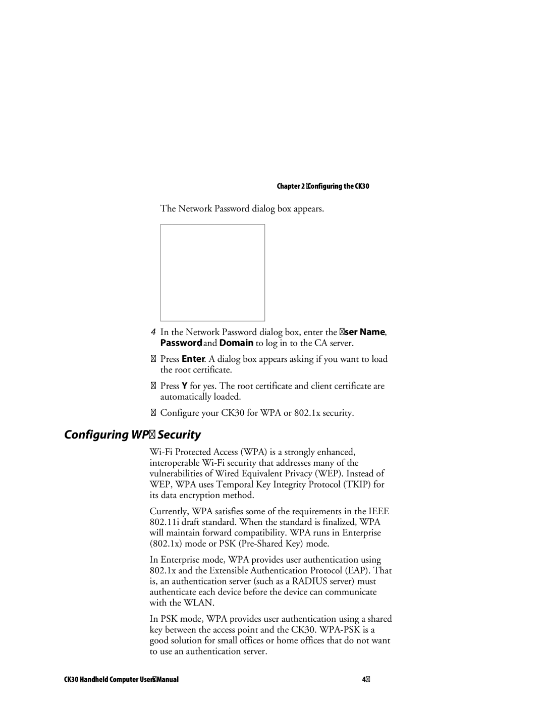 Intermec CK30 user manual Configuring WPA Security, Network Password dialog box appears 