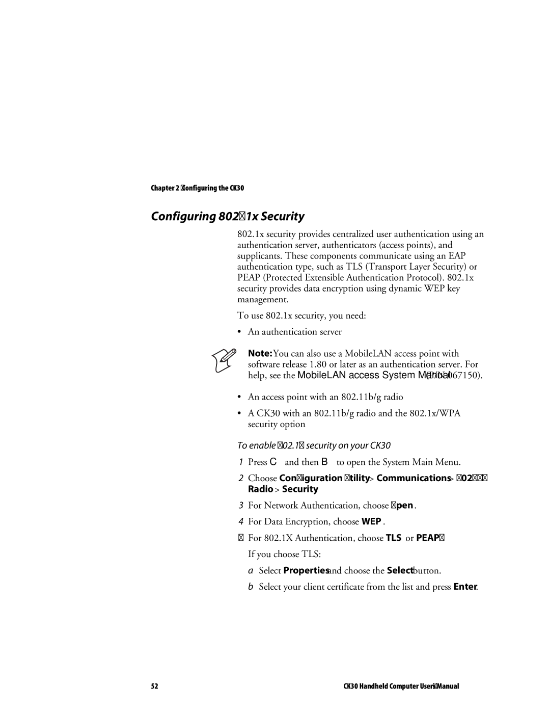 Intermec user manual Configuring 802.1x Security, To enable 802.1x security on your CK30 