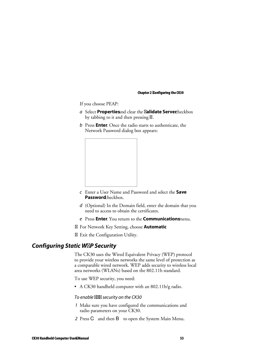 Intermec user manual Configuring Static WEP Security, To enable WEP security on the CK30 