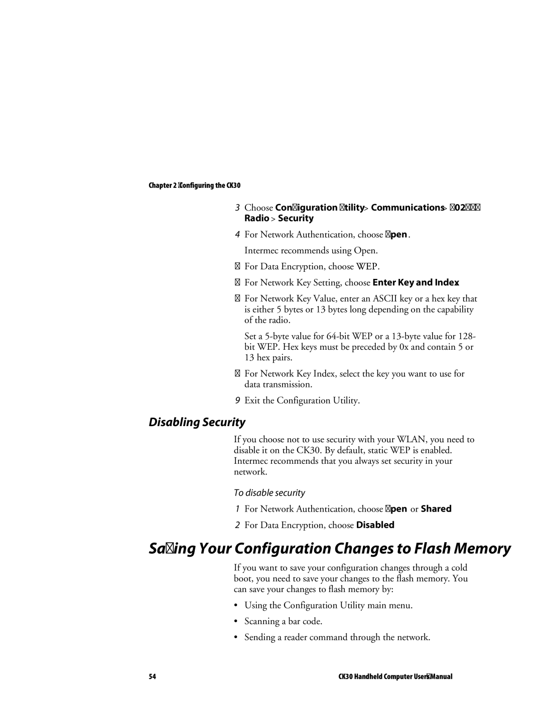 Intermec CK30 user manual Disabling Security, To disable security 