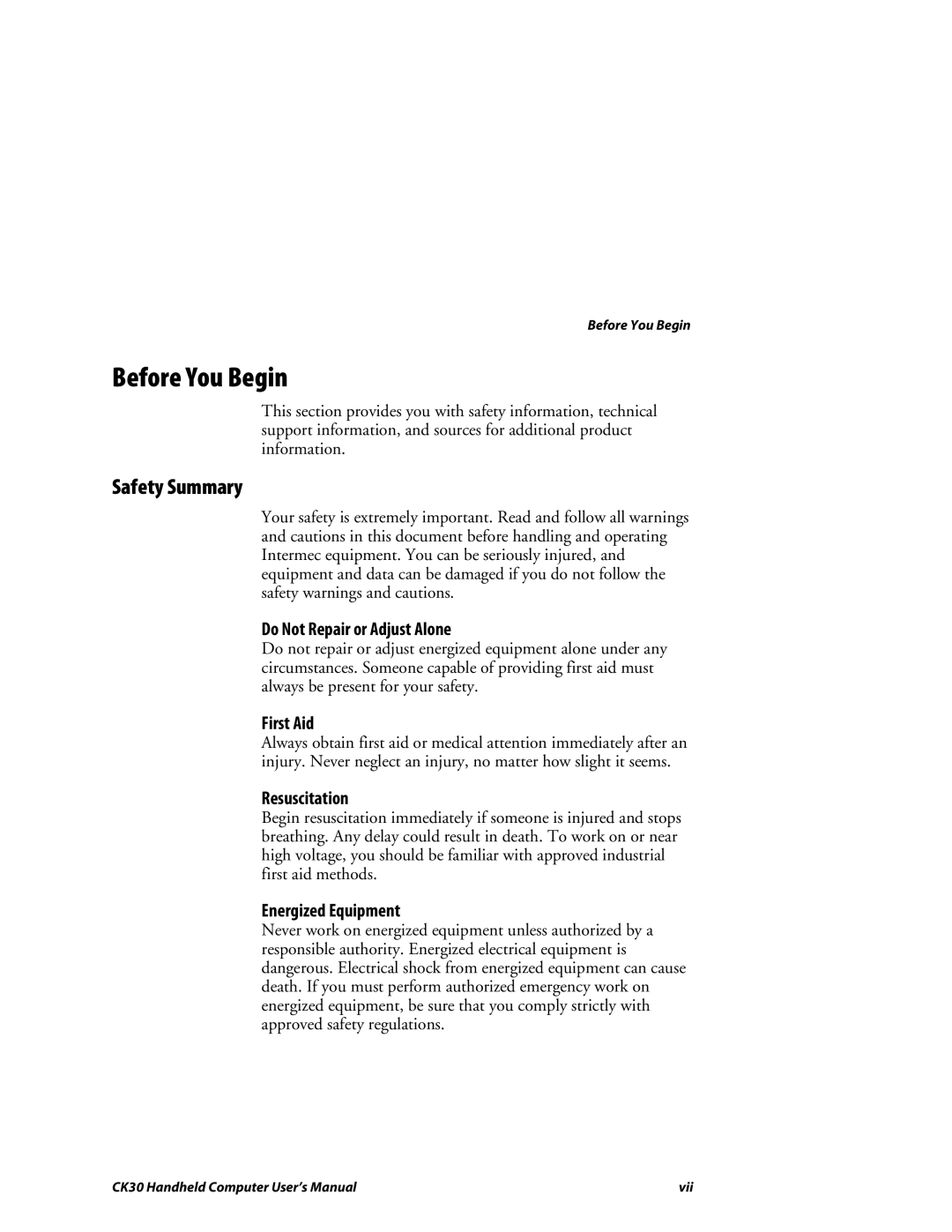 Intermec CK30 user manual Before You Begin, Safety Summary 