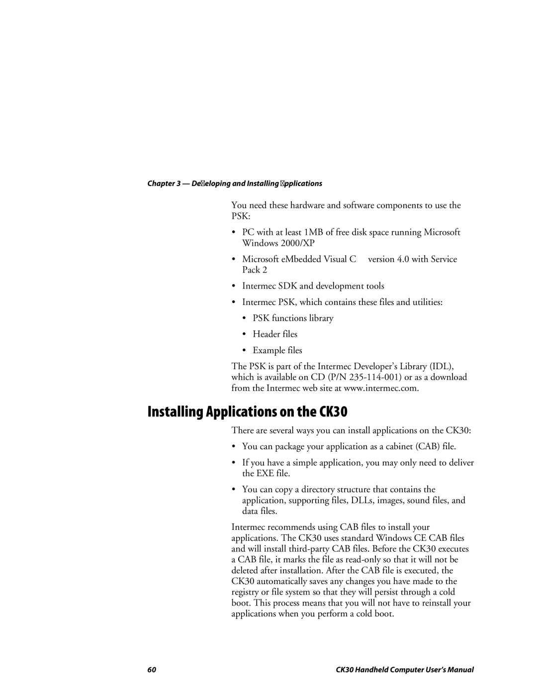 Intermec user manual Installing Applications on the CK30, Psk 