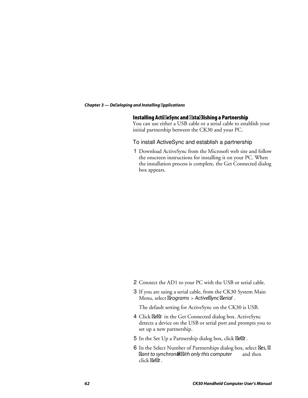 Intermec CK30 Installing ActiveSync and Establishing a Partnership, To install ActiveSync and establish a partnership 