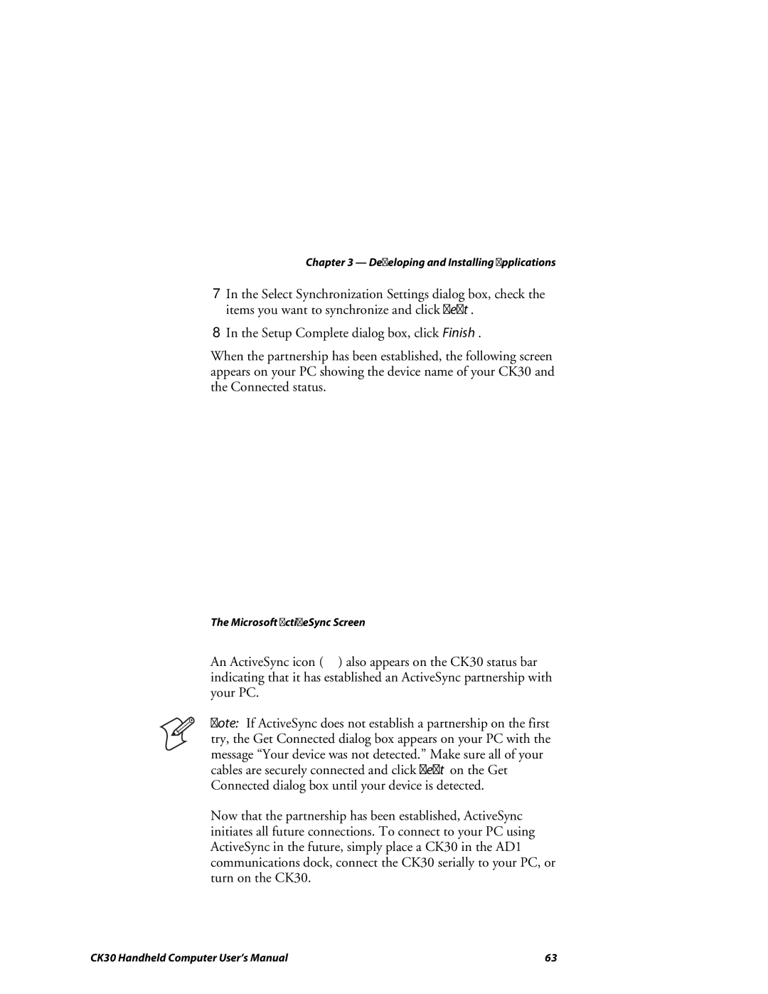 Intermec CK30 user manual Microsoft ActiveSync Screen 