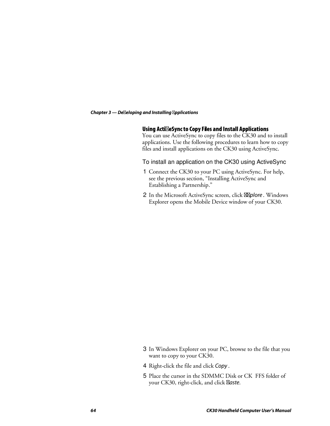 Intermec CK30 user manual Using ActiveSync to Copy Files and Install Applications 
