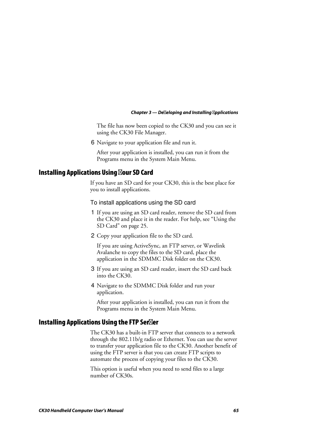 Intermec CK30 user manual Installing Applications Using Your SD Card, Installing Applications Using the FTP Server 