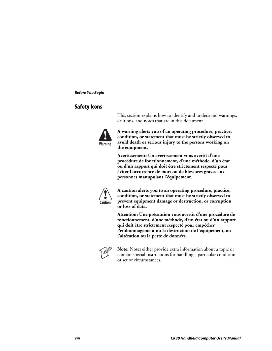 Intermec CK30 user manual Safety Icons 