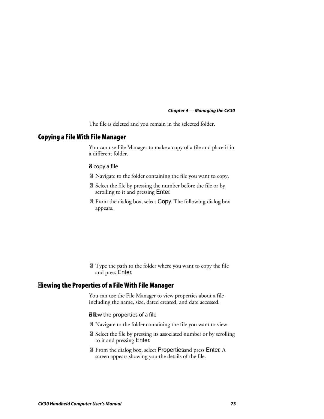 Intermec CK30 Copying a File With File Manager, Viewing the Properties of a File With File Manager, To copy a file 