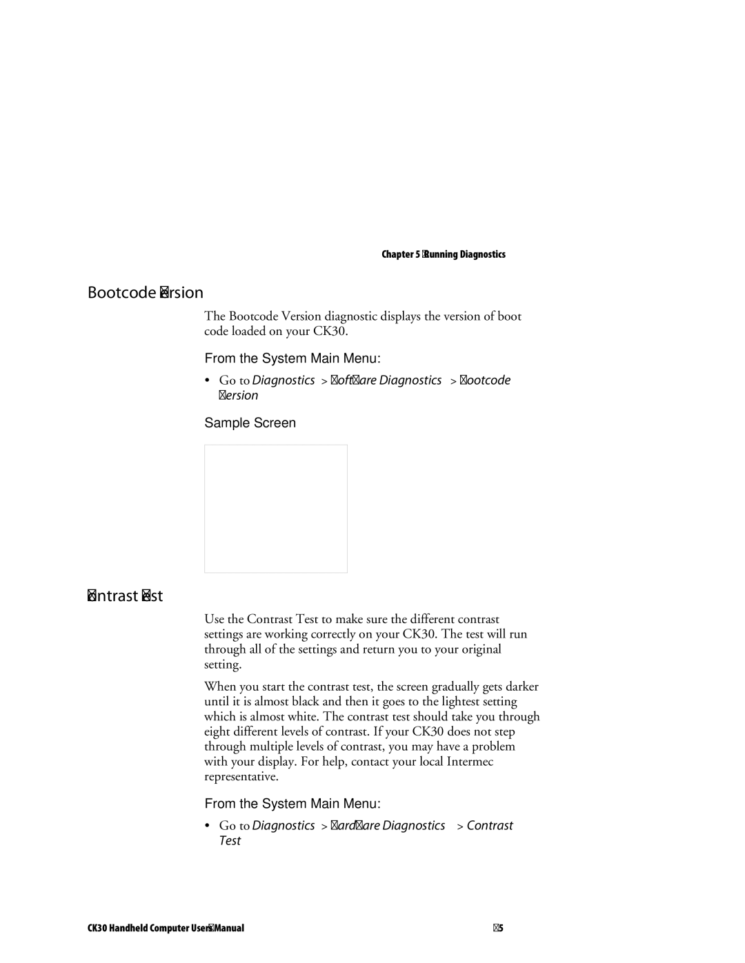 Intermec CK30 user manual Bootcode Version, Contrast Test 