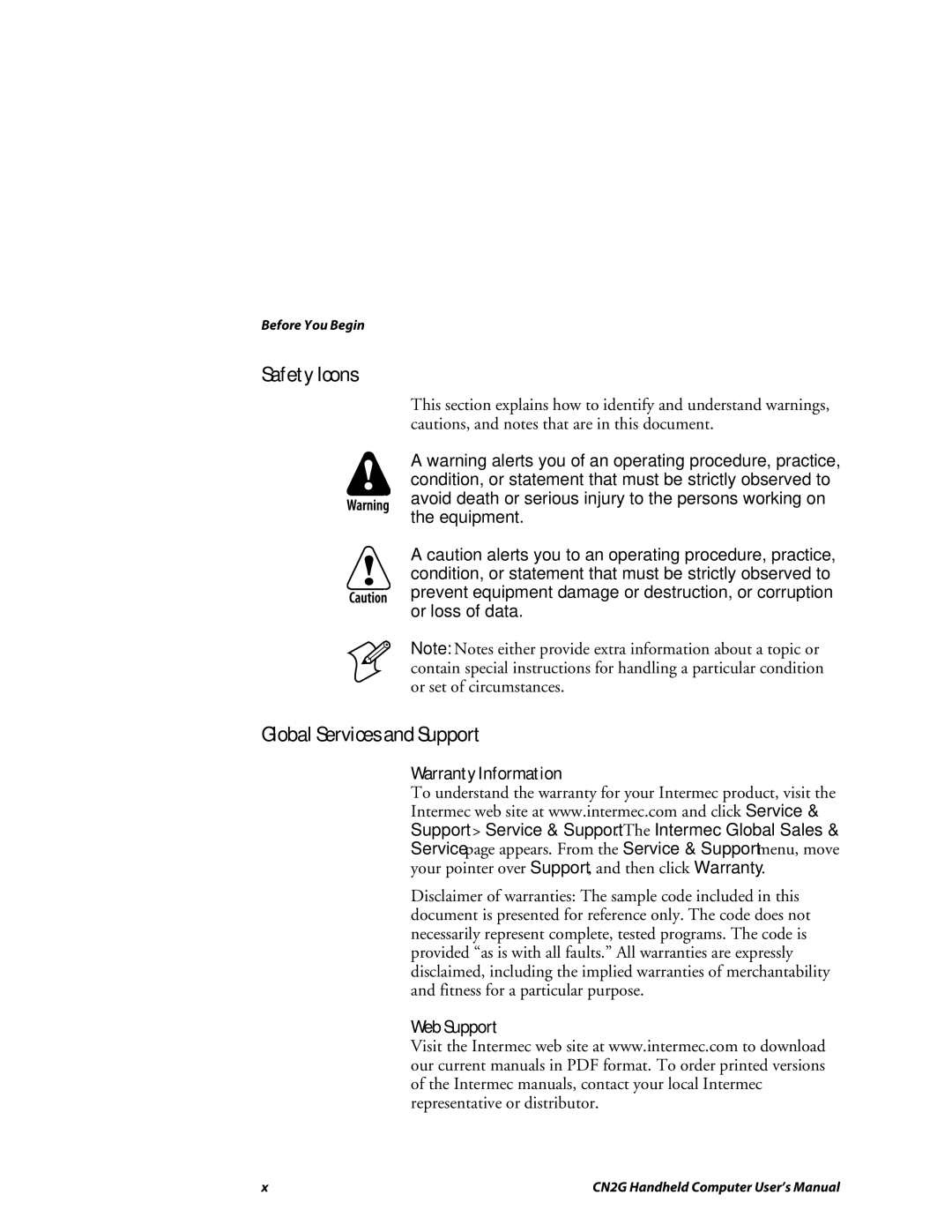 Intermec CN2G user manual Safety Icons, Global Services and Support, Warranty Information, Web Support 