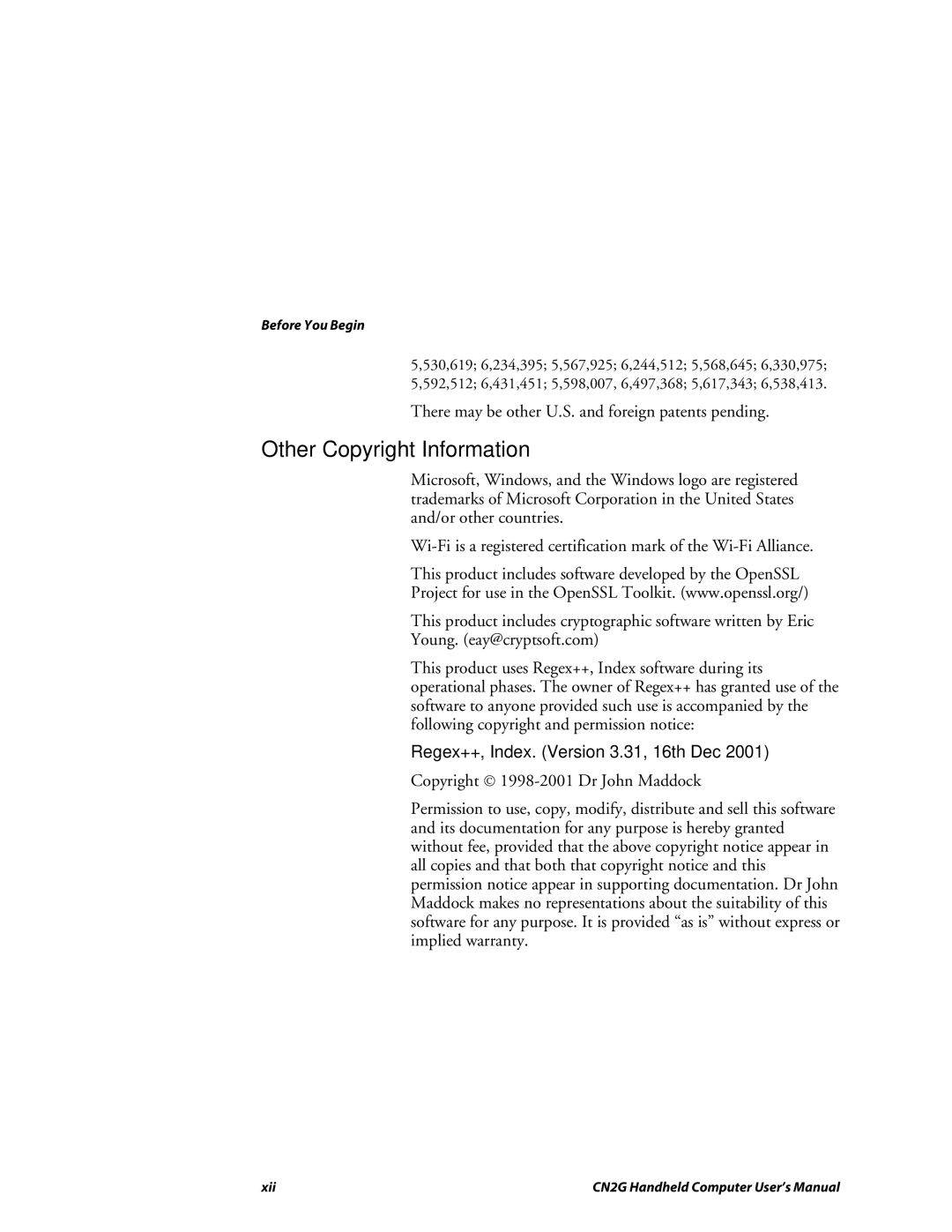 Intermec CN2G user manual Other Copyright Information, Regex++, Index. Version 3.31, 16th Dec 