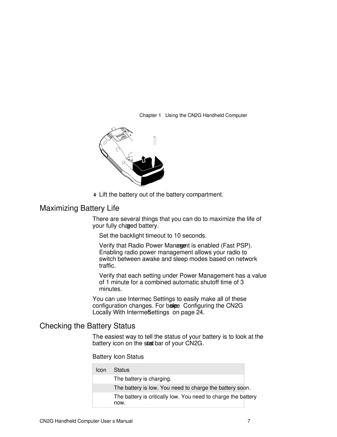 Intermec CN2G user manual Maximizing Battery Life, Checking the Battery Status, Battery Icon Status 