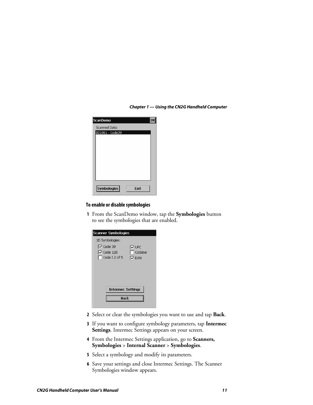 Intermec CN2G user manual To enable or disable symbologies 