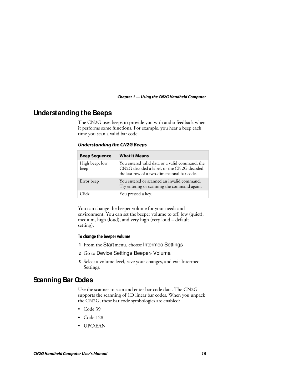 Intermec Understanding the Beeps, Scanning Bar Codes, Understanding the CN2G Beeps, To change the beeper volume 