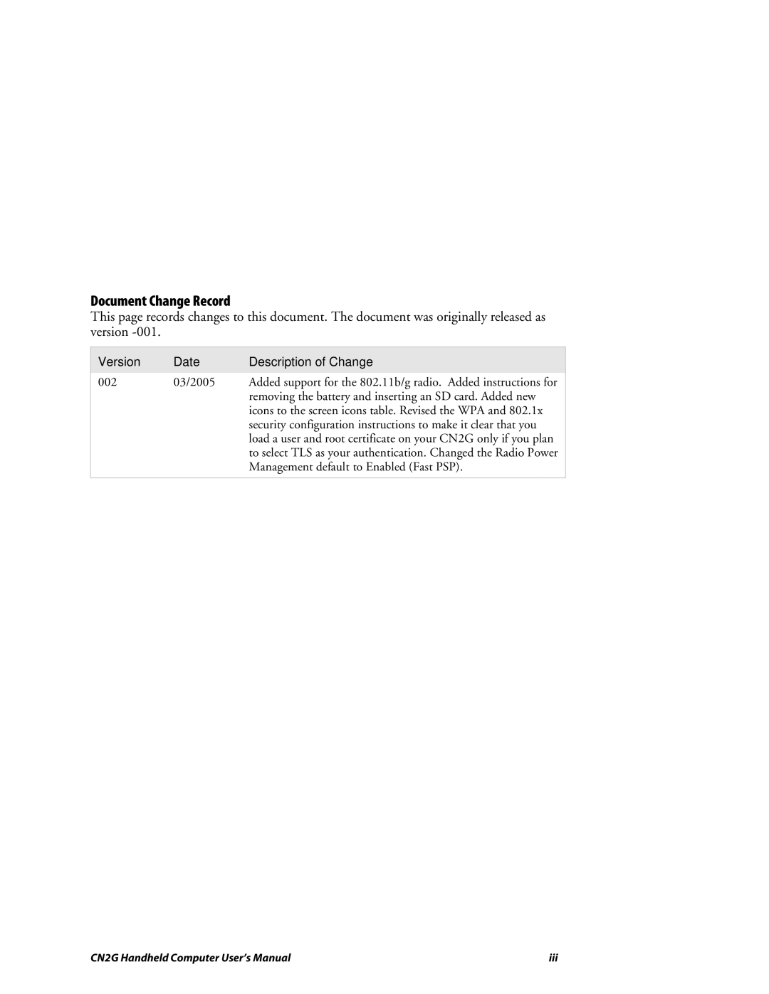 Intermec CN2G user manual Document Change Record, Version Date Description of Change 