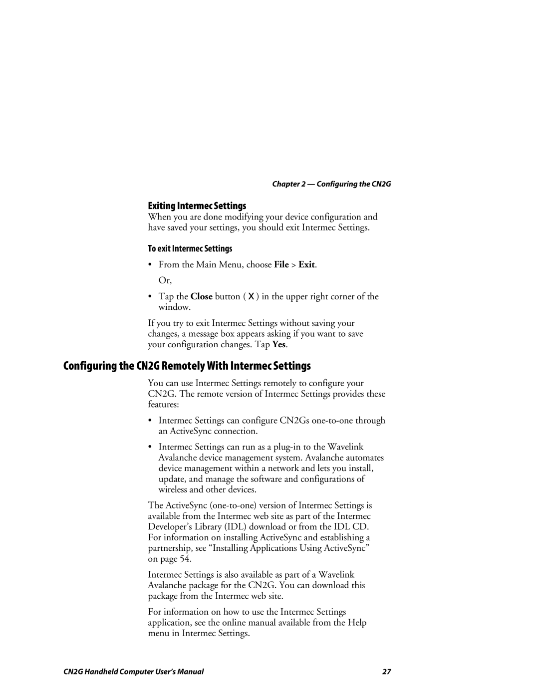 Intermec Configuring the CN2G Remotely With Intermec Settings, Exiting Intermec Settings, To exit Intermec Settings 