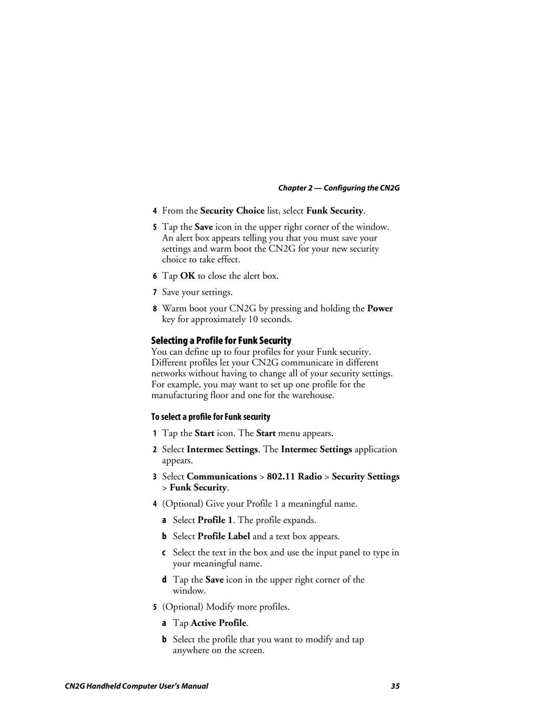 Intermec CN2G user manual Selecting a Profile for Funk Security, To select a profile for Funk security 